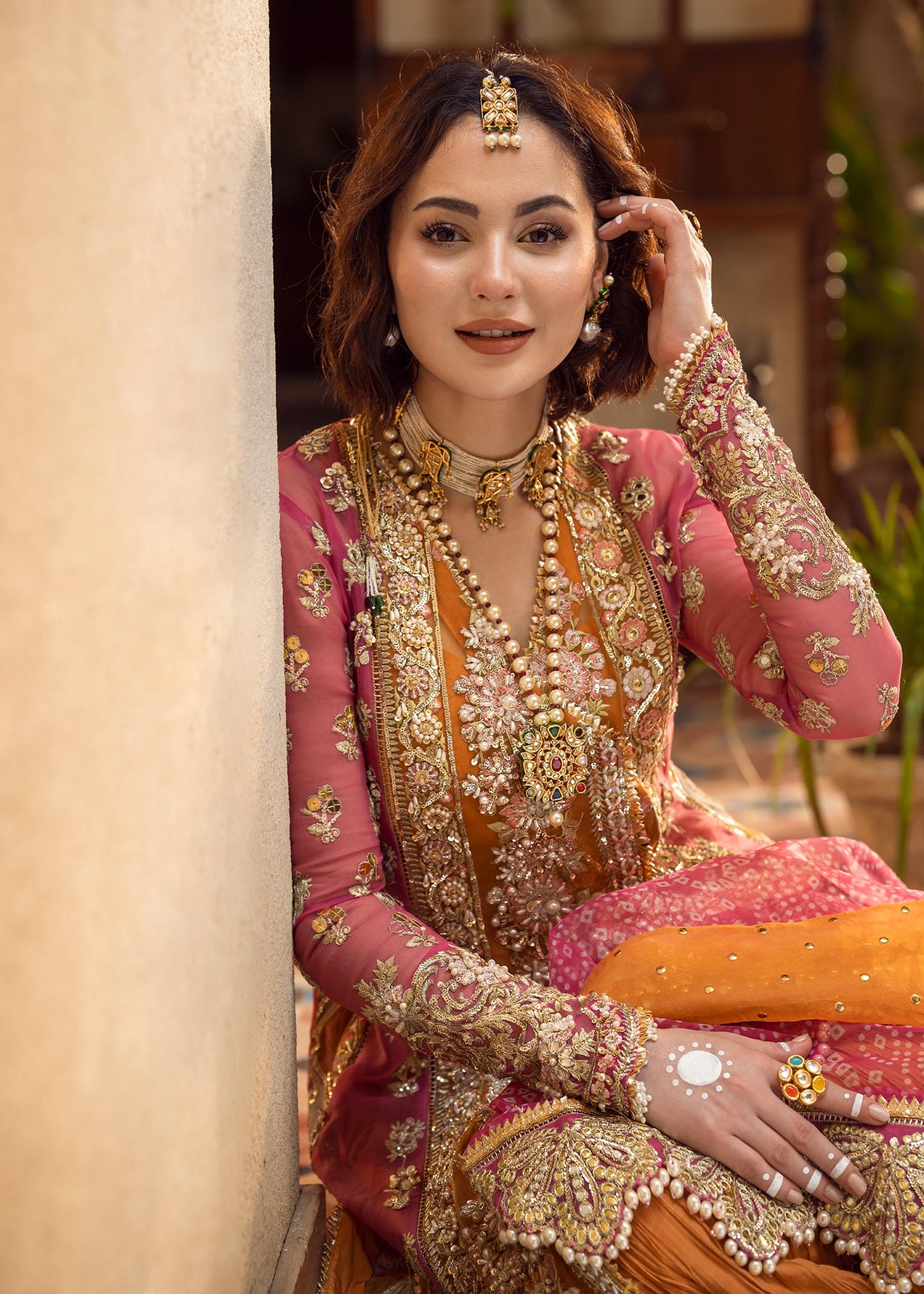 Mehndi Galore pakistani fashion outfit in gold, mustard, orange, pink…